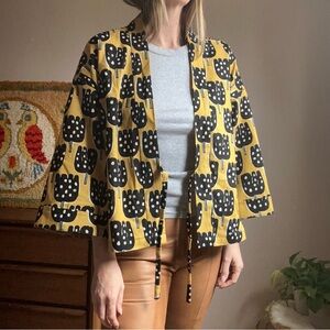 Scandinavian Yellow & Black Tulip Print Handmade Kimono Jacket OS